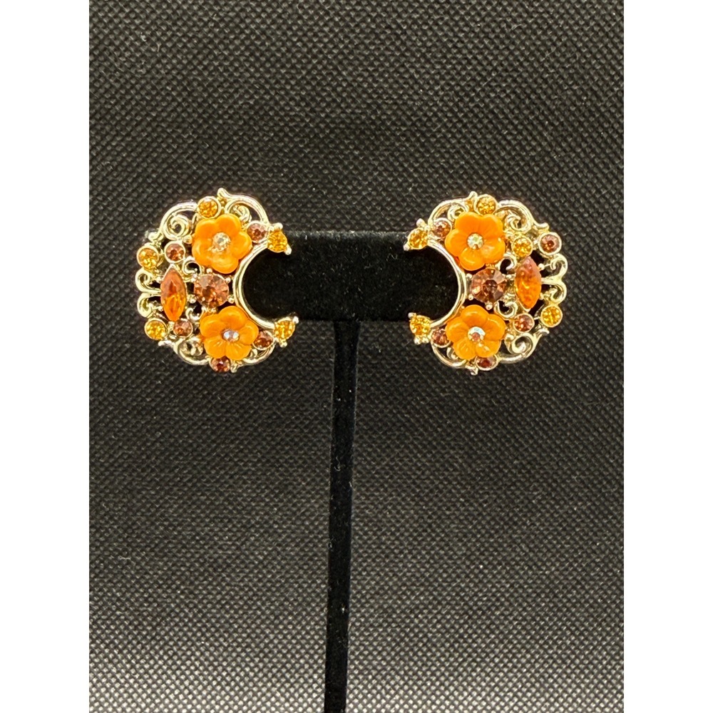 BSK VTG Gold Tone Orange Flower Amber Rhinestone Crescent Moon Clip On Earrings